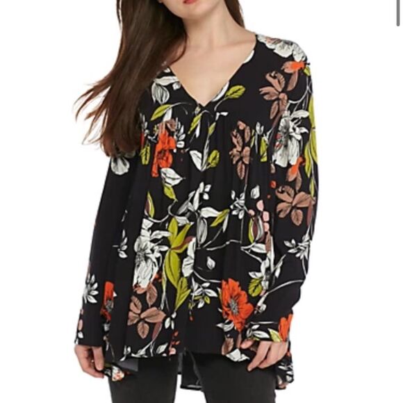 Free People Bella Black Red Green Floral Tunic Long Bell Sleeves Small - Picture 2 of 13